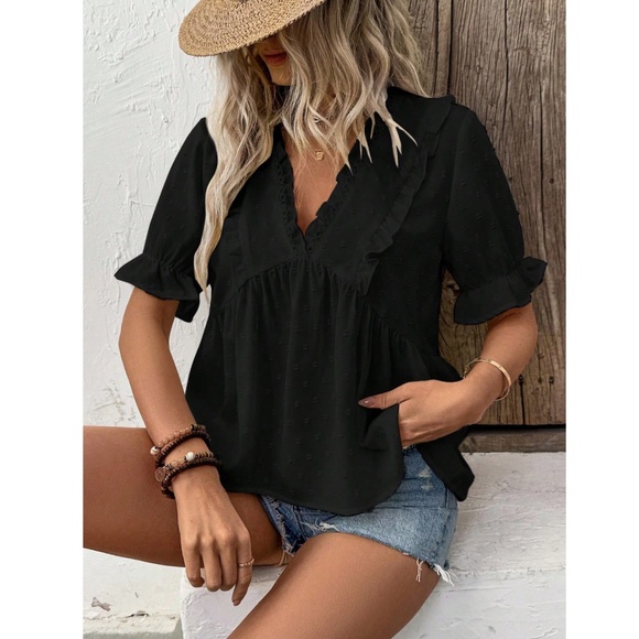 Black Swiss Dot Babydoll V-Neck Short Puff Sleeve Top Shirt Frill Ruffle Trim - Picture 2 of 8